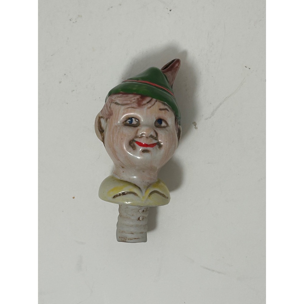 Vintage Ceramic Tyrolean Boy Bottle Stopper Alpine Green Hat‎ Barware Kitsch